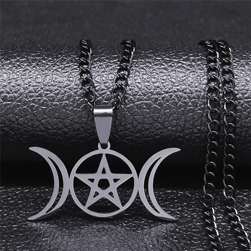 Witchcraft Triple Moon Goddess Stainless Steel Choker Necklace Women Black Color Necklaces Jewelry colgantes mujer N3873S03