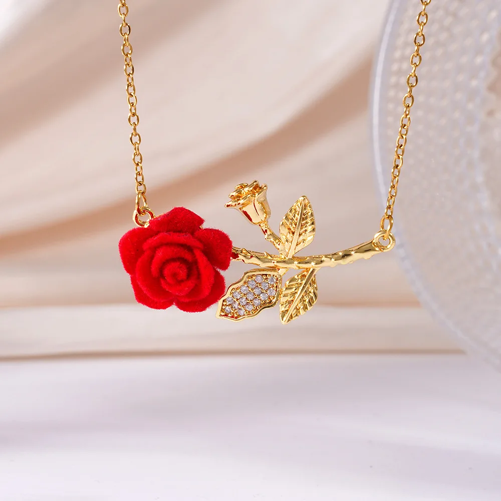 Romantische einfache Rosenblüten-Halskette für Frauen, zarte Kupferblüten-Anhänger-Kette, Halskette, Freundschaftsschmuck, Geschenke – Detail 4