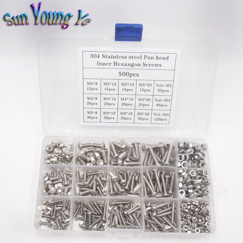 500PCS 304 Stainless Steel Round Head Hexagon Socket M3 M4 M5 Screws Bolts Nuts Wrenchs Box-packed