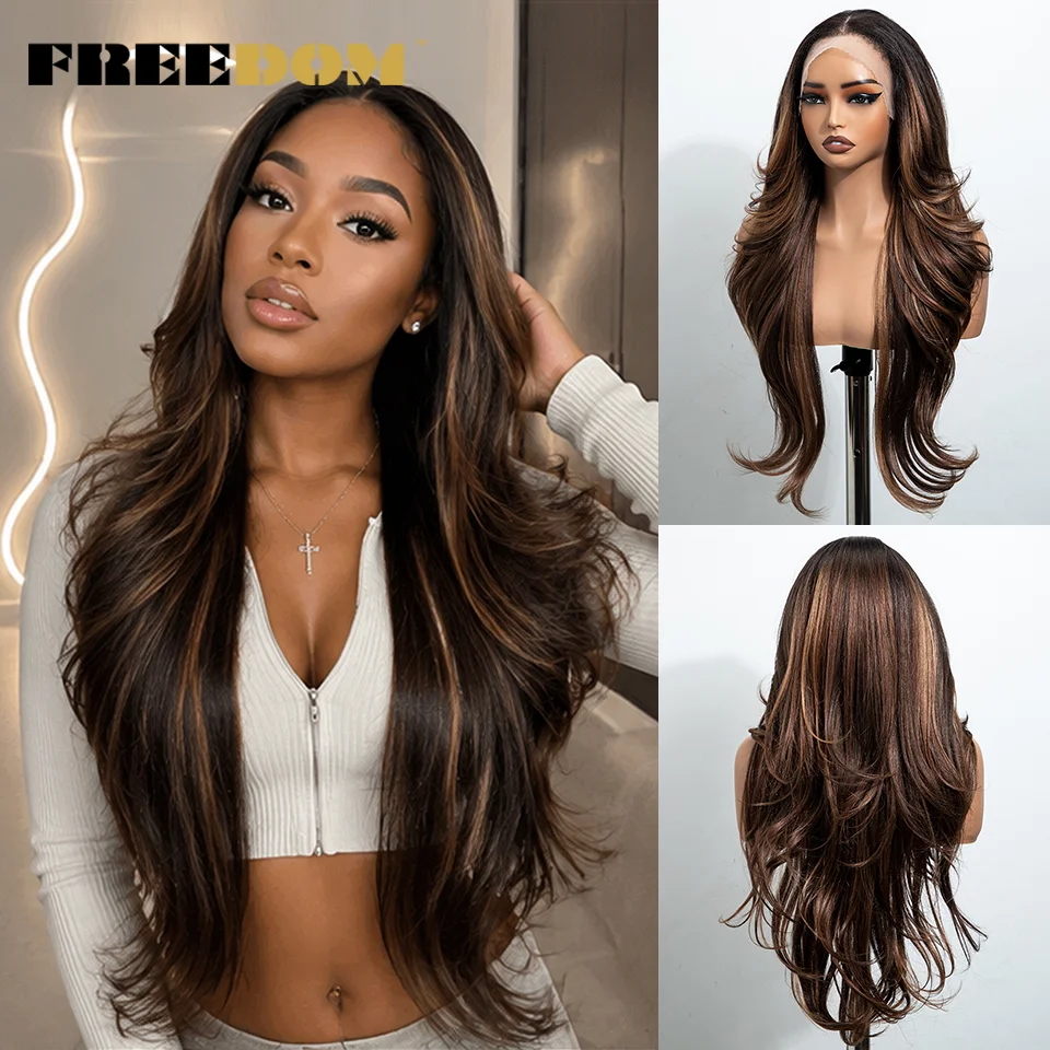 FREEDOM Synthetic Lace Front Wigs For Black Women 28 Inch 13x4 Pre-plucked Layered Ombre Brown Blonde Highlight Daily Use Wigs