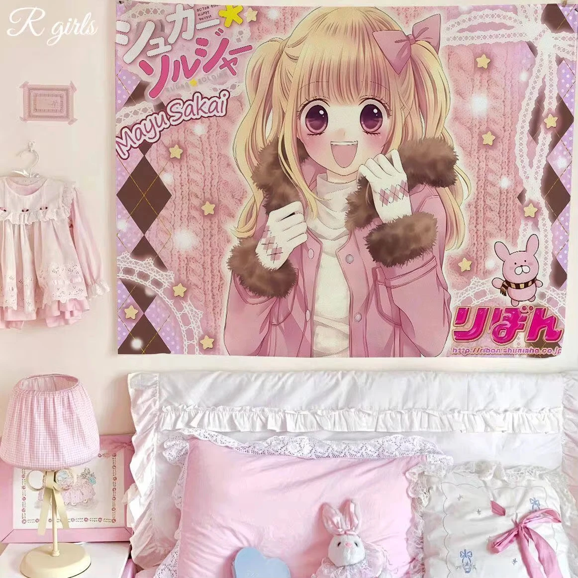 VIKAMA Tapestry, Cute Sugar Soldier Anime Girls with Pastel Striped Background for Girls' Bedroom Decoration