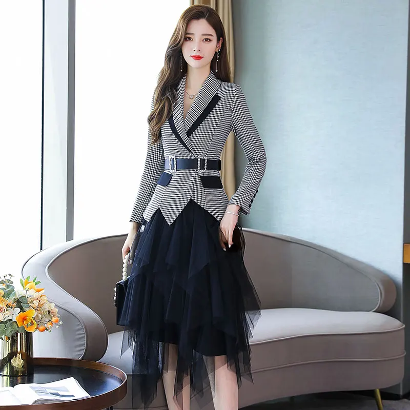 New Korean Plaid Belt Blazer Suit Jacket High Elastic Waist Mesh Asymmetrical Pleated Mid Skirt Set Two Piece Female Spring Fall