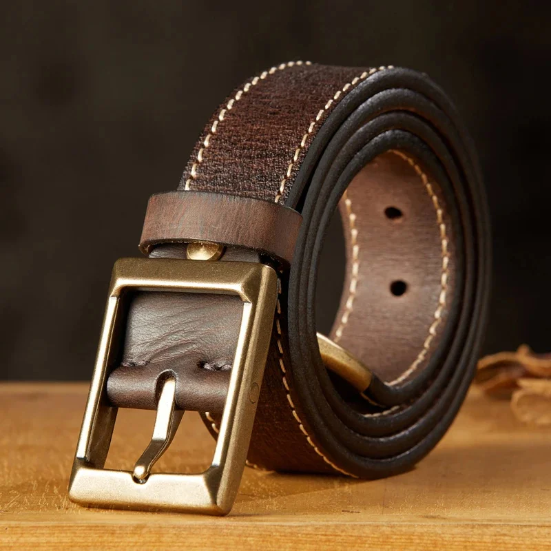 

Simple Nature Handmade Thickened Genuine Leather Male Belt 100% Real Cowhide Jeans Retro Pure Cooper Pin Buckle Strap