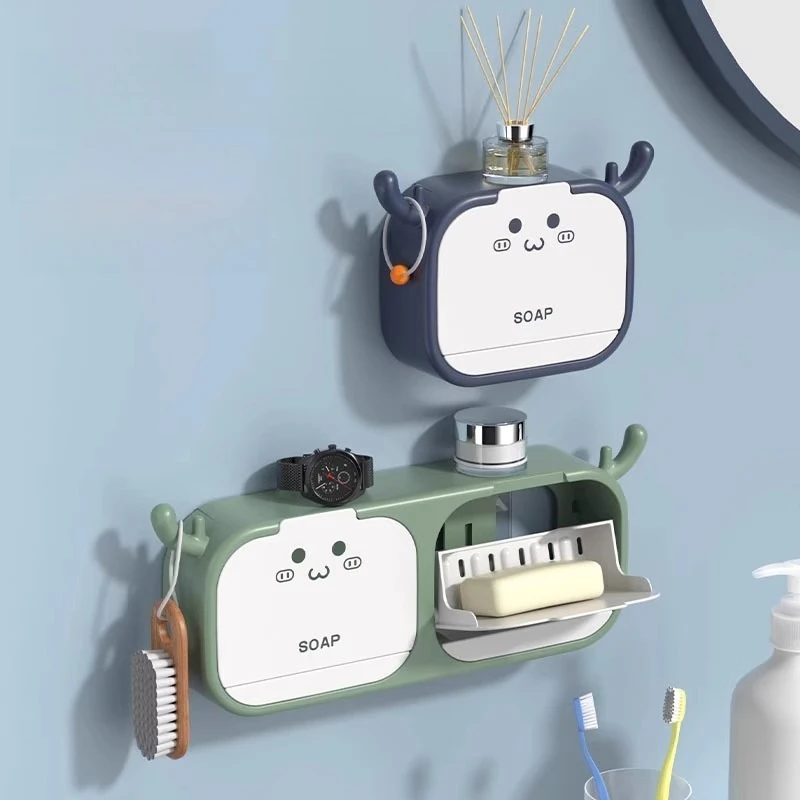 

Adhesive Mount Soap Tray Cute Cartoon Design No Drilling Required ABS Material Bathroom Storage Sponge Holder Drain Holes