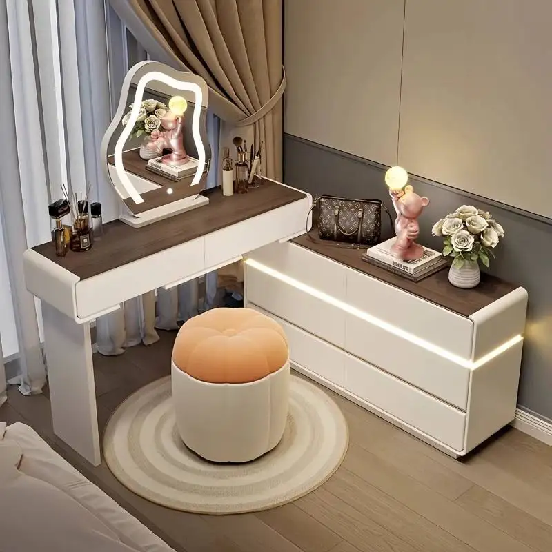 

White Modern Vanity Table Bedroom Makeup Mirror Luxury Women Cosmetics Dressing Table Girl Penteadeira Lounge Suite Furniture