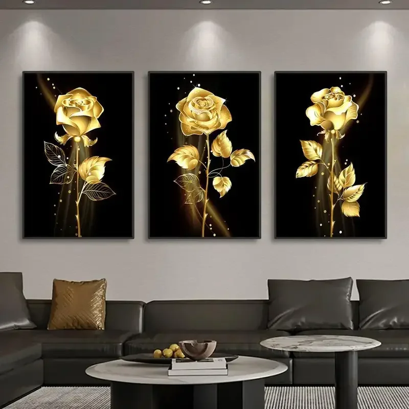 Gold Rose Black Poster, Nordic Modern Living Room Wall Art Decoration Painting, Suitable for Bedroom, Dining Room, No Frame