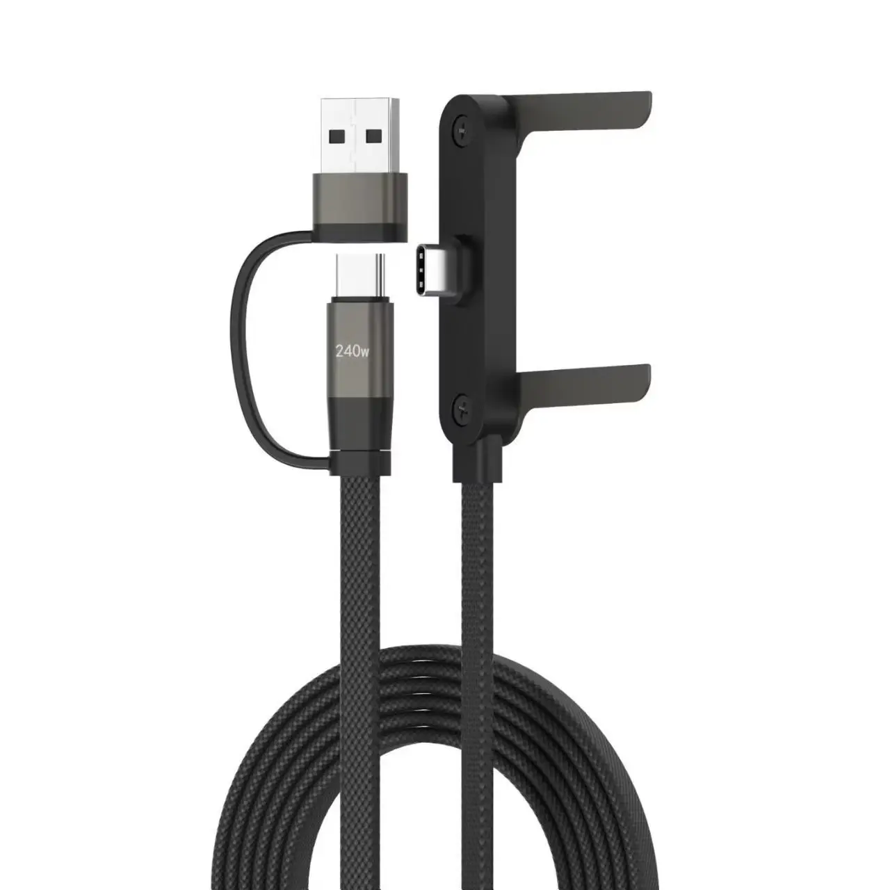 240W USB‑C Fast Charging Cable With Foldable Phone Stand, 2‑in‑1 USB A to Type‑C Braided Charger Cord for Gaming Video Watching