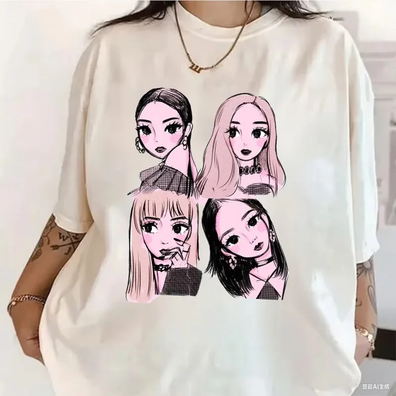 2025 New Korean Kpop BP Pink Girls Graphic Harajuku T Shirts Loose and Comfortable Heavy Cotton Tee Women's Fashion Casual Top