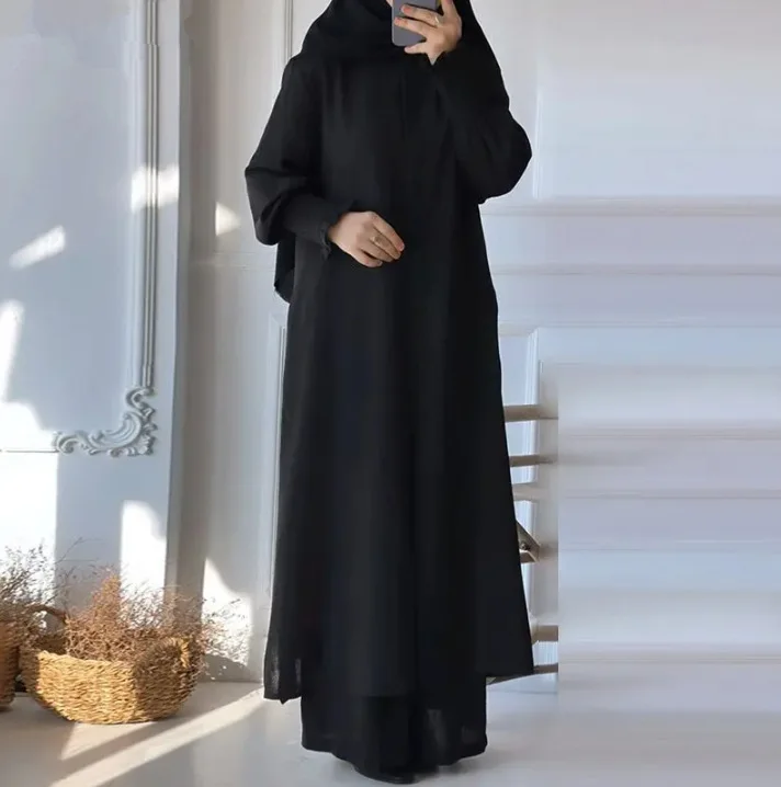 Muslim 2 Piece Women Long Coat Wide Leg Pants Suit Ramadan Morocco Dubai Islam Casual Ensemble Kimono Musulmane Arabic Outfits