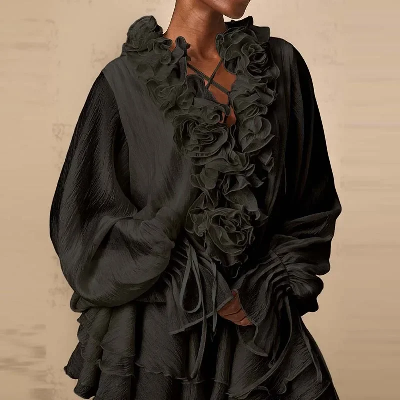 2025 Autumn Women V-neck Lantern Sleeve Banquet Dress Elegant Flower Patchwork Solid Color Short Dress Casual Fold Holiday Dress