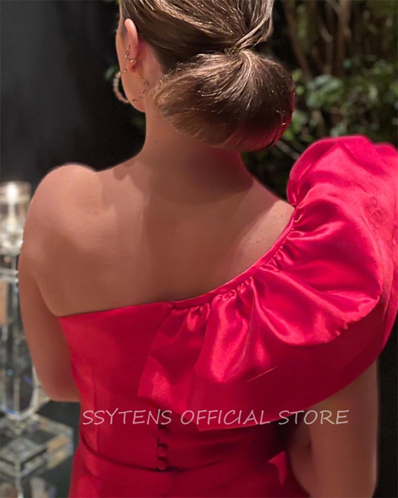 Elegant Red Long Straight Prom Dresses For Women Satin One Shoulder Burgundy Pleats Sleeveless Evening Gown Dress Robe De Soirée