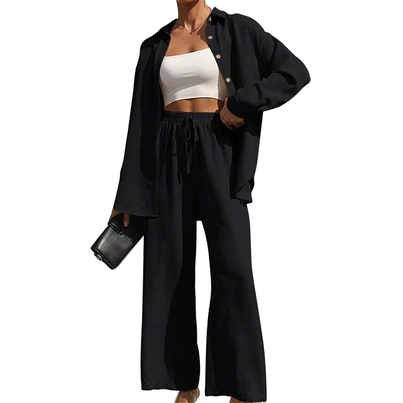 Dames effen overhemd met knoopsluiting aan de voorkant en broek met wijde pijpen, tweedelige set, casual blouse met verlaagde schouder en lange mouwen, top en broek