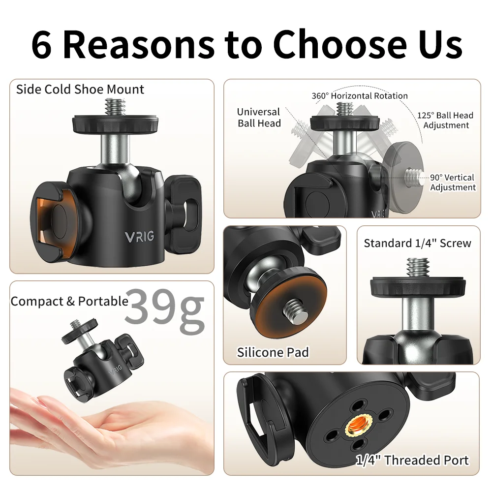 VRIG BH-01 Mini Ball Head Tripod Mount Adapter with 1/4