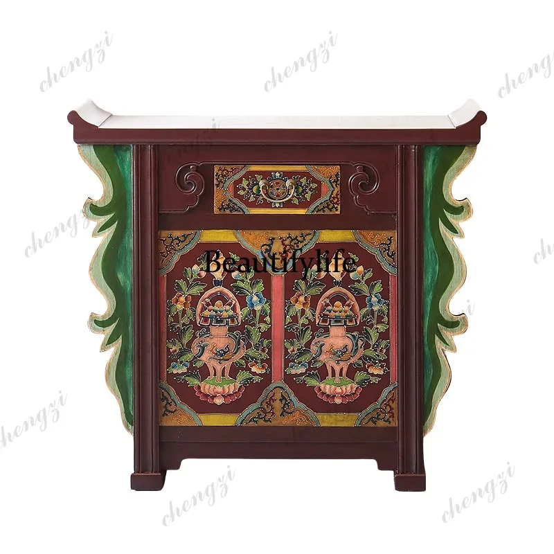 Painted table Solid wood porch cabinet Hand painted auspicious eight treasures warped head cabinet Buddhist hall locker