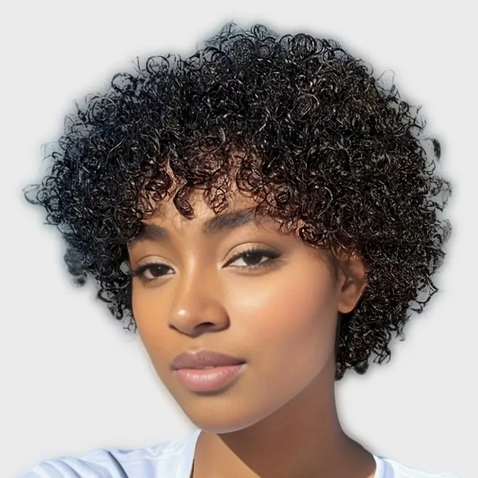 Short Bouncy Curly Hair Wig Machine Made Wigs Pixie Cut 100% Human Hair Wigs 6Inch Natural Color Curly Wiht Bang Hair For Women