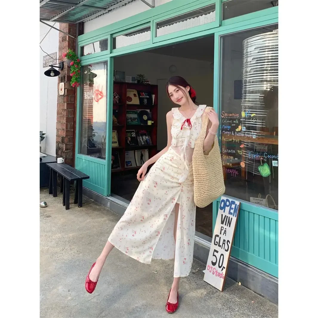 

Floral Suspender Dress, New Summer 2026, Lace-up, Ruffle Hem, Mid-length Dress for Women