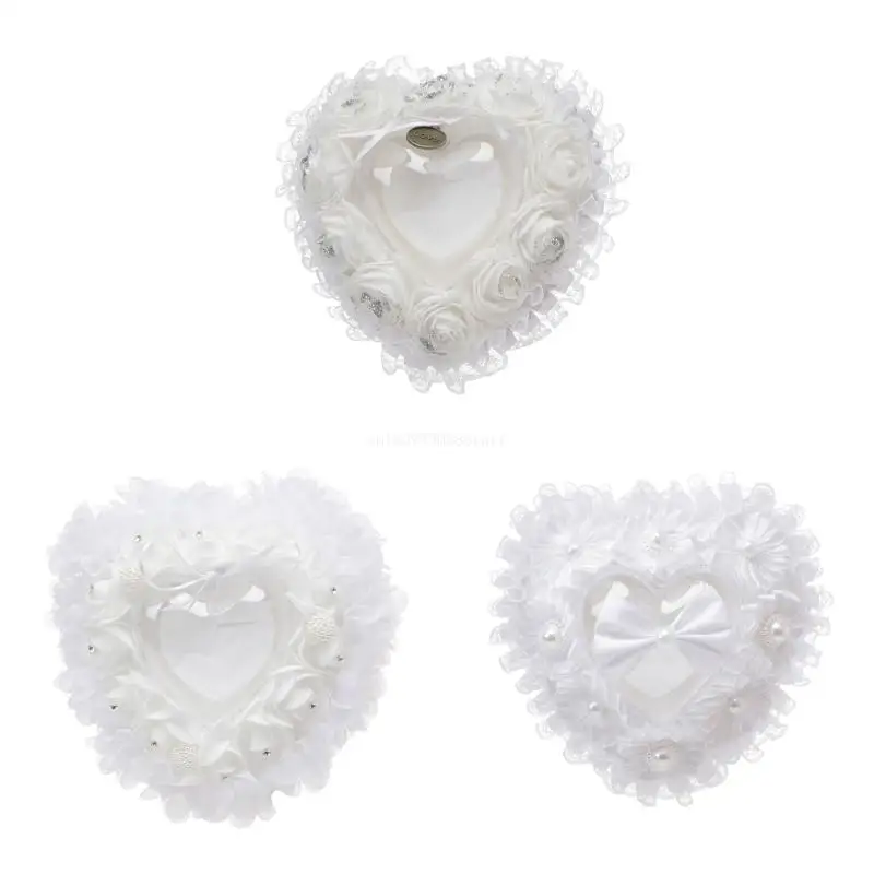 

Wedding Bride and Groom Bow Ring Bearer Pillow White Rose Flower Lace Ring Box Heart Ring Cushion Holder Dropship