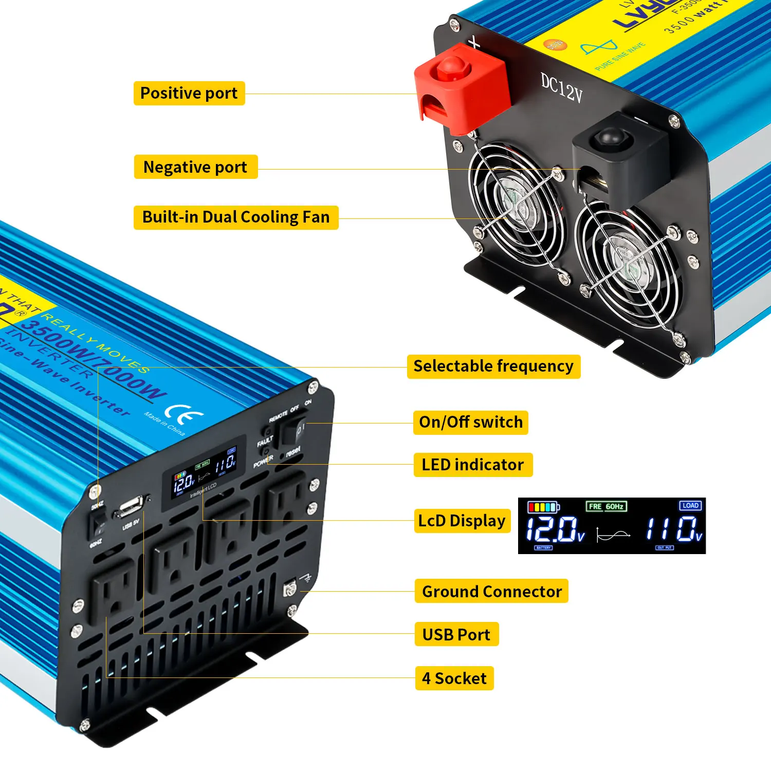 Pure Sine Wave Inverter 2500W 3500W Continuous 5000W 7000W Peak, 12V/24V DC to 120V AC Converter, 50Hz 60Hz, Remote Control