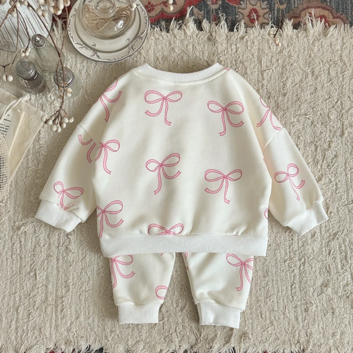 Autumn Toddler Baby Girls Outfit Pink Bow Print Long Sleeved Pullover Elastic Waist Bow Embroidered Pants Spring Clothes