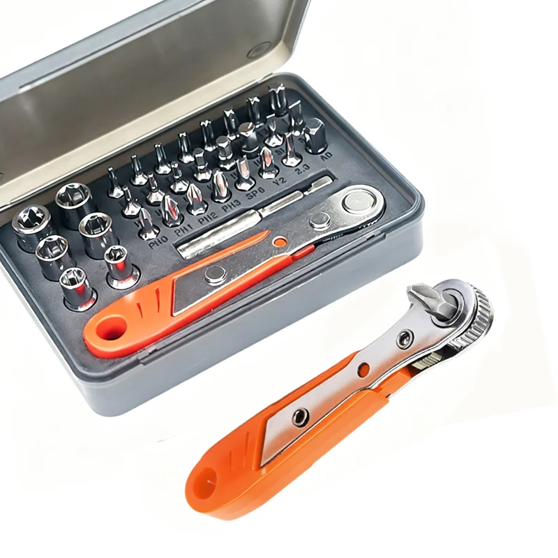 32 in1 Ratchet Wrench Screwdriver Bit Set with 1/4 Hex Shank Phillips/Pozidriv/Hexagon/Torx/Slotted/Square Bits socket