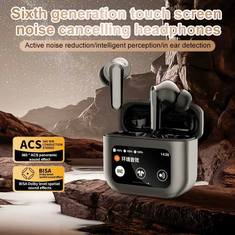 Headphone Bluetooth Baru 2025 Earbuds Nirkabel TWS Earphone Peredam Kebisingan Aktif Headset Layar Tampilan Kotak Pengisi Daya