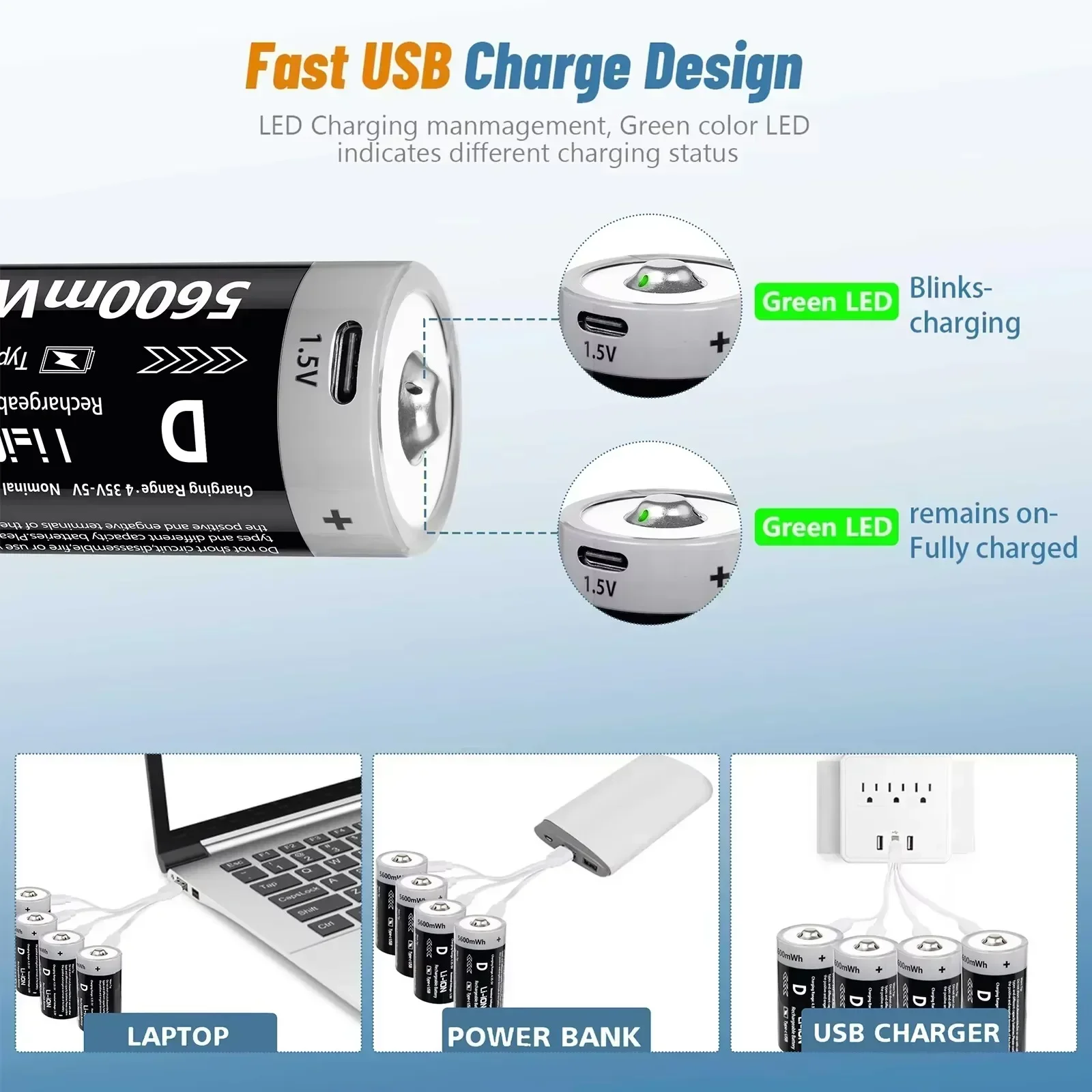 1.5 فولت USB قابلة للشحن D خلية بطارية ليثيوم 5600mWh ، للأجهزة المنزلية مثل طباخ الغاز ، سخان المياه بطارية قابلة للشحن