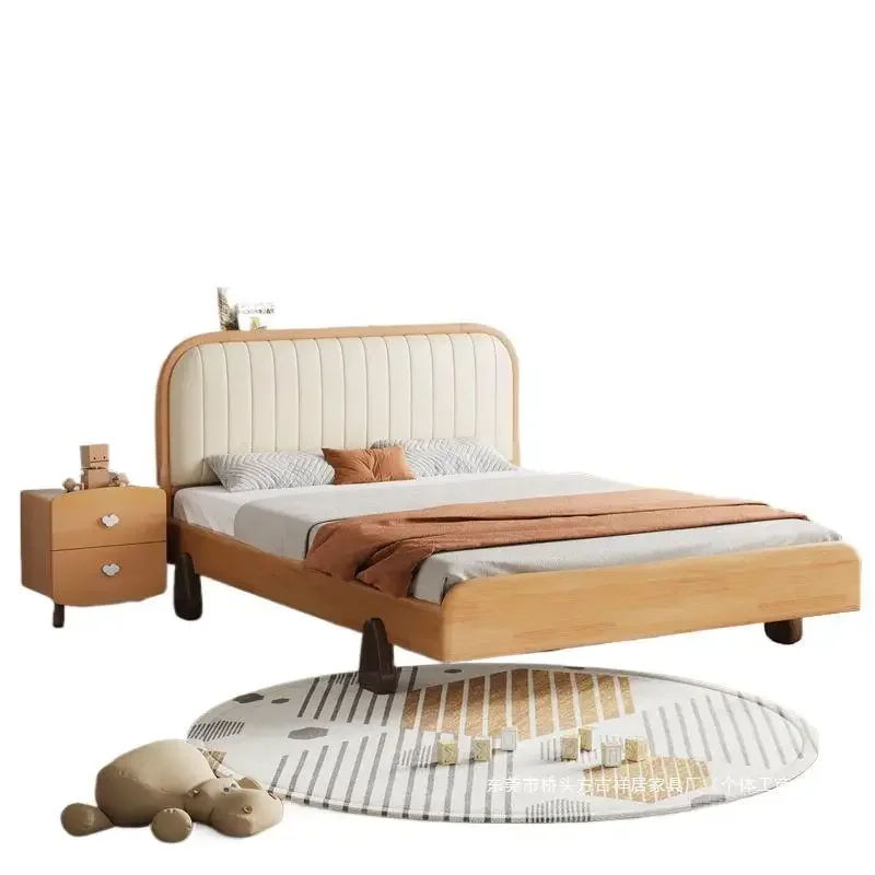 Beech solid wood bed boys and girls soft rely on home thickened single simple modern children's bed