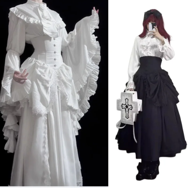 

Women Gothic Lolita Cosplay Black and White Long Ji Sleeve Lace Shirt SK Fishbone High Waist Skirt Japanese Sweet Dark Goth Set