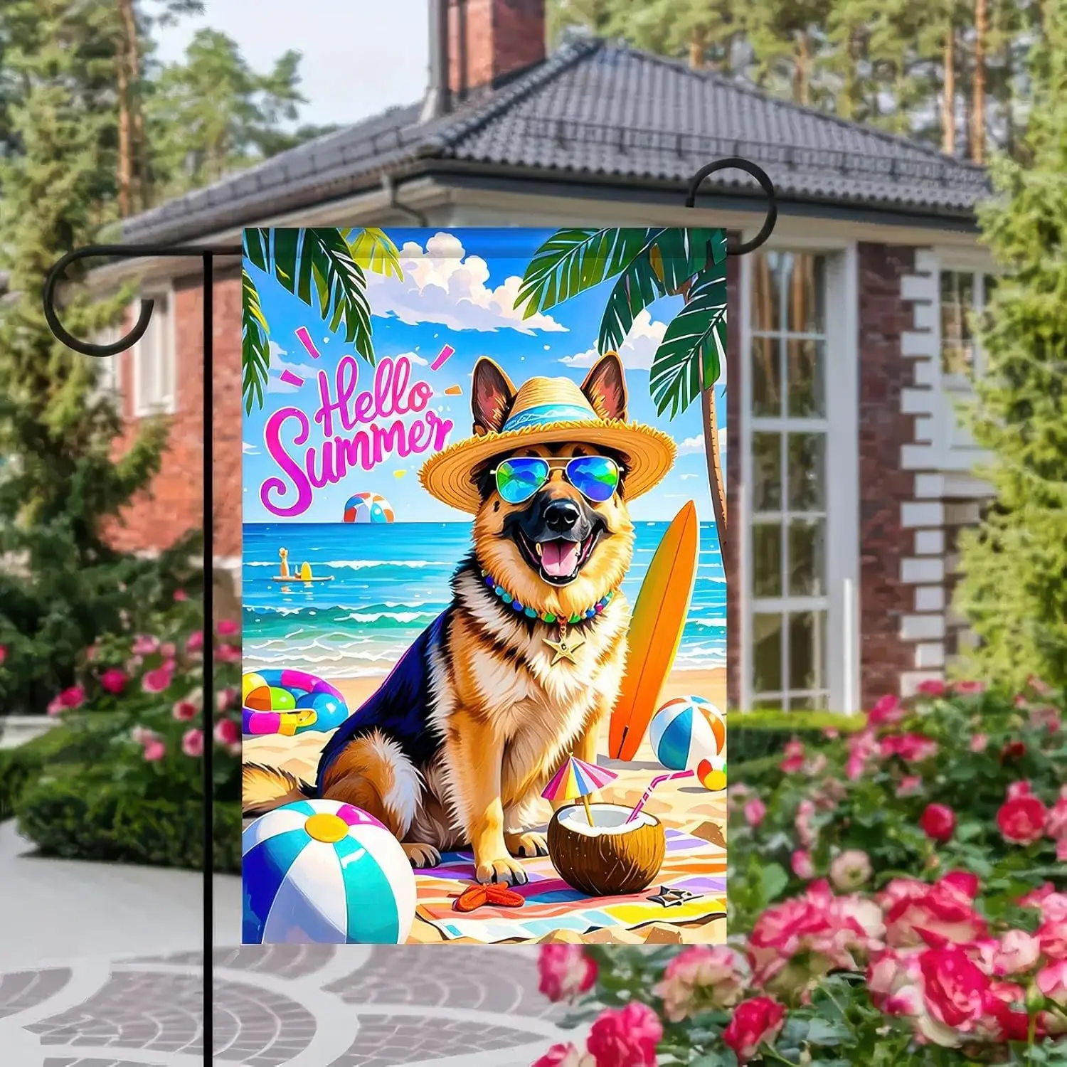 مرحبا الصيف شاطئ حديقة العلم كلب الراعي الألماني علم الشاطئ الاستوائي 12x18 بوصة مزدوجة الوجهين ساحة علم صغير للخارج H LLE