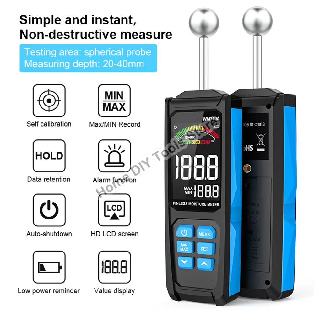 Medidor de Umidade de Madeira Digital Não Destrutivo Higrômetro Esférico Umidade Recorde Detecção Automática Mais Úmido Madeira Úmida Detector Wm710a