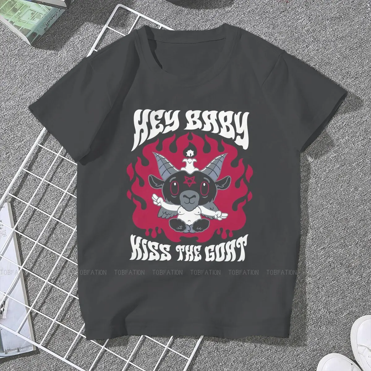 Kiss The Goat Creepy Cute Goth Ghost Sticker Classic Women TShirt Baphomet Art Girls Basic Tees O-neck Female T Shirt Gift