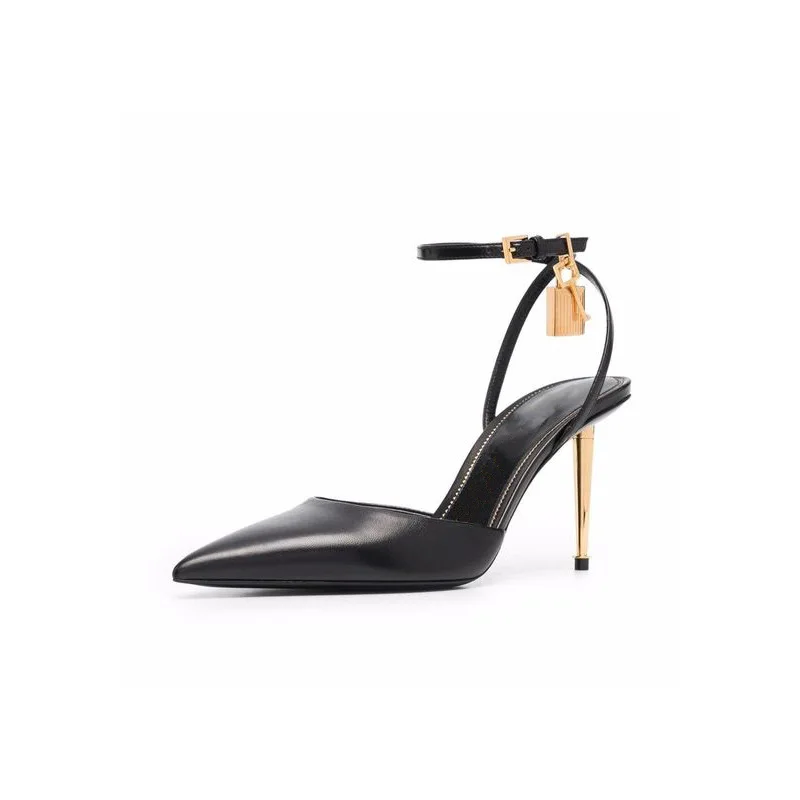 Ankle Strap Pointed Toe Metal Lock Summer Women Sandals Stiletto High Heels Buckle Strap Design Large Size Closed Toe Shoes
