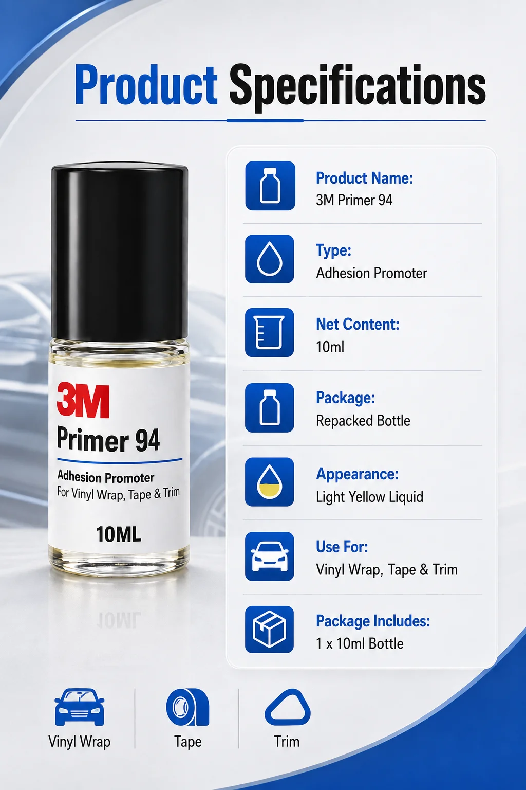 Original 3M Primer 94 Haftvermittler 10ml Nachfüllpackung Starke Haftung für Auto-Folierung Kunststoff- und Metalloberflächen – Detail 5