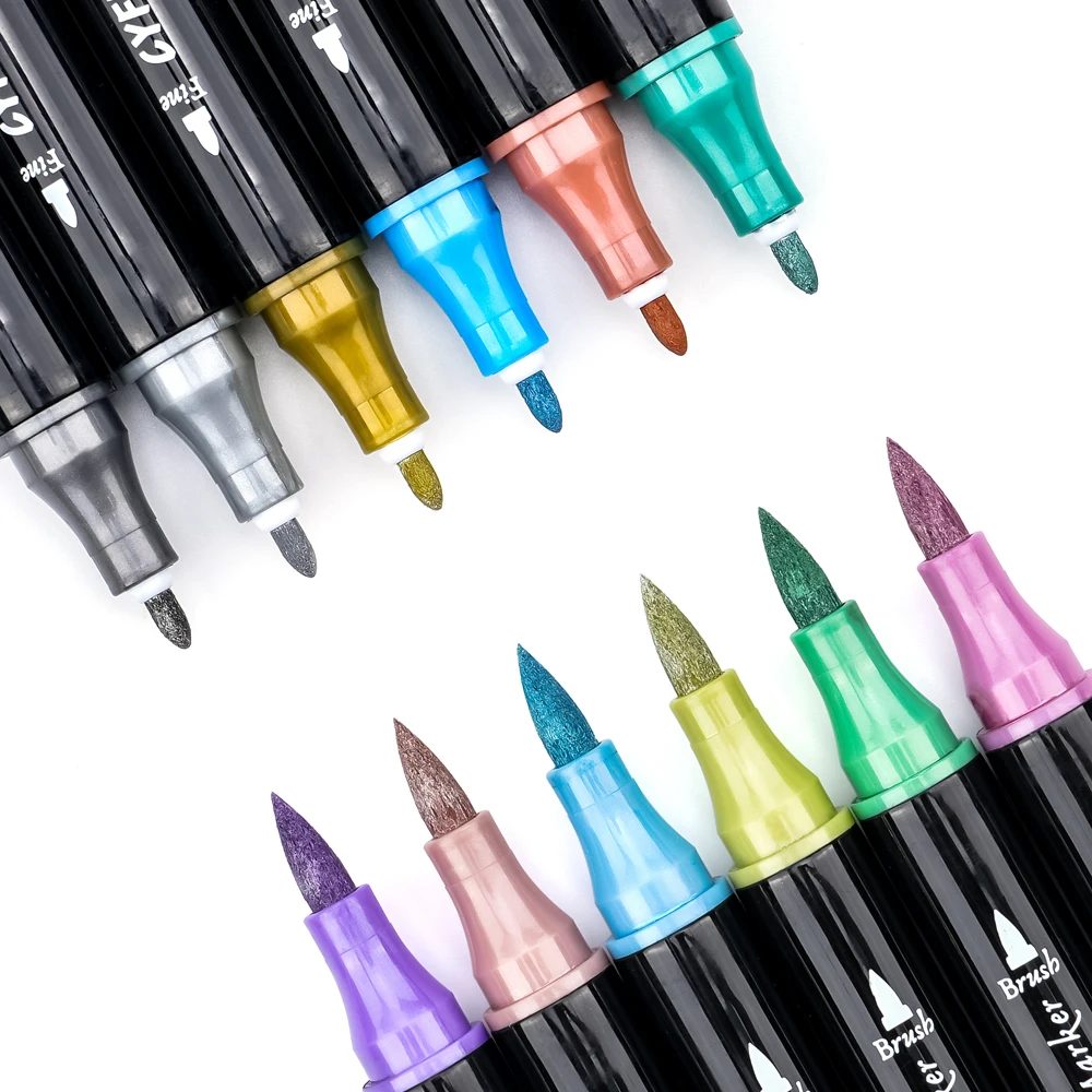Dual-Tip Metallic Acrylic Markers 2 in1 Fine&Brush Tip Paint Pen for Black Paper,Rock Painting,Glass Craft,Card Making Scrapbook