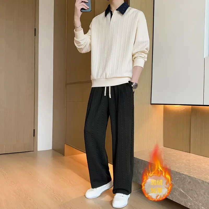 Men Winter Fleece Lined Warm Sports Two Piece Set Textured Fake Collared Sweatshirt And Jogger Pants Casual Outerwear Outfit