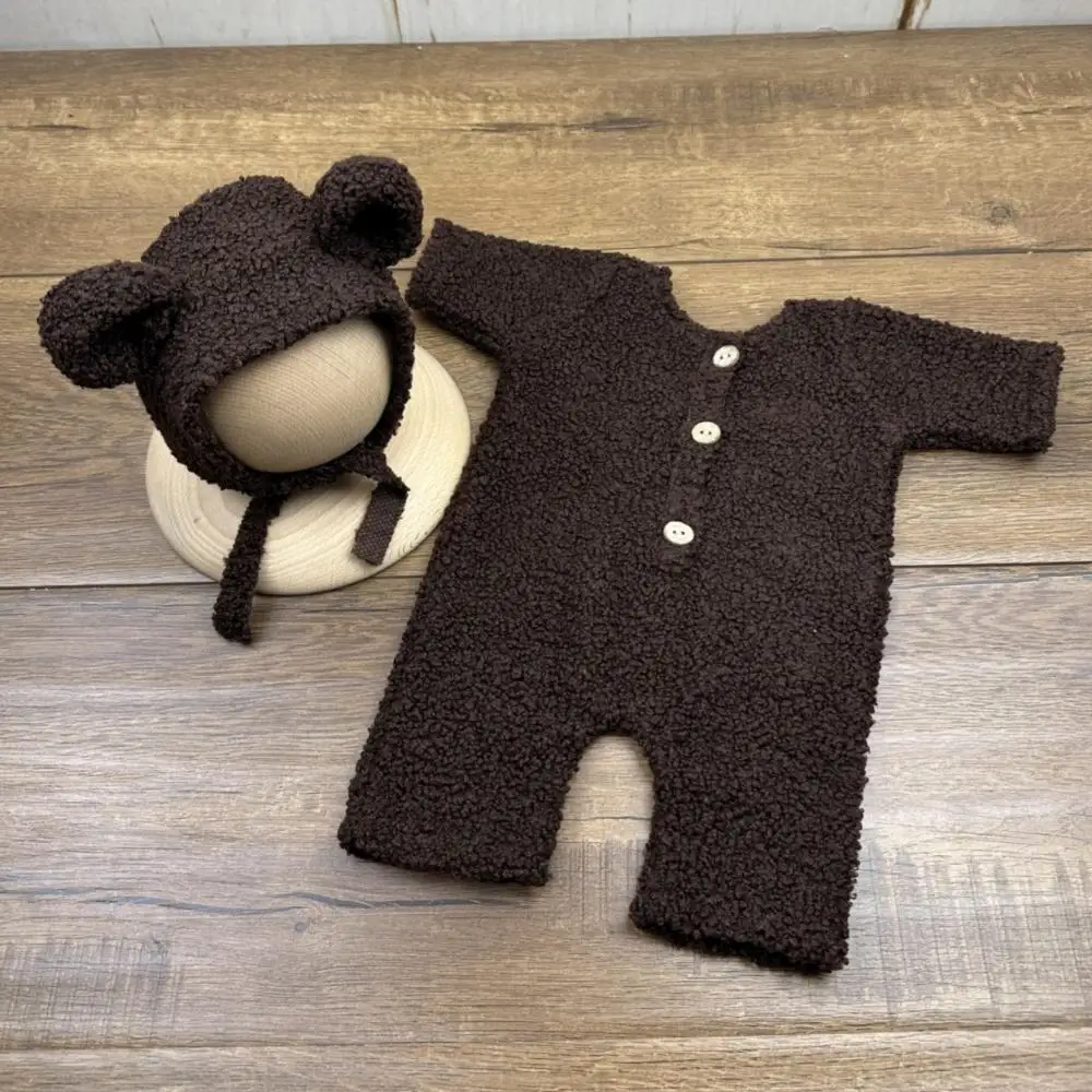 Soft Knit Newborn Photo Prop Outfit With Hat Unisex Style Knit Animal Costume Bear Design Comfortable Fit Baby Bear Jumpsuit
