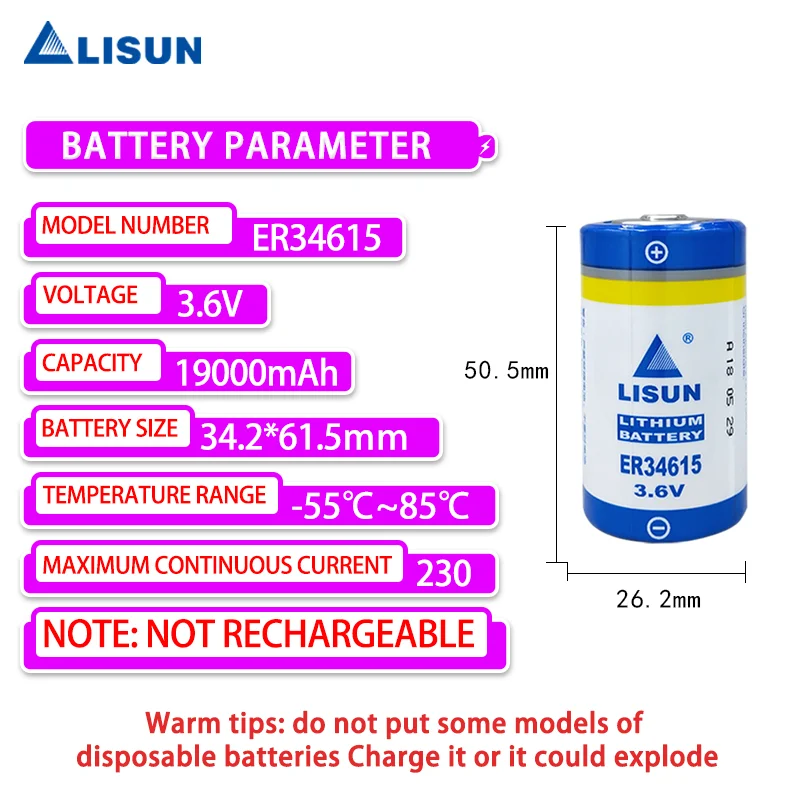 LISUN ER34615 со сварочной ножкой, одноразовая литиевая батарея 3,6 В батарея счетчика учета воды, батарея большой емкости ER34615H, расходомер