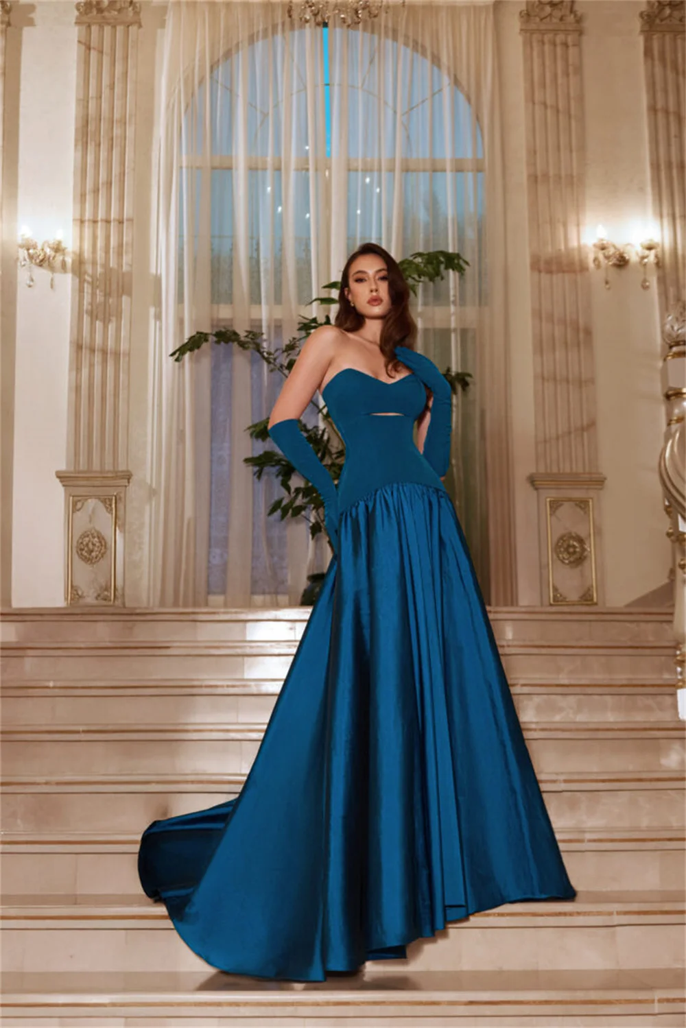 SANSA Customize Glossy Satin Long Party Gown Strapless Cutout Torso Matching Opera Gloves Wide Swing Skirt  wedding guest gown