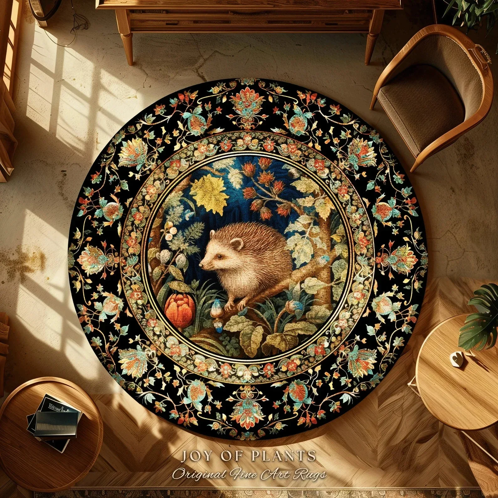Retro Forest Hedgehog Round Carpet Anti slip Floor Carpet Retro Plant Flower Wild Animal Mat Living Room Bedroom Home Decoration