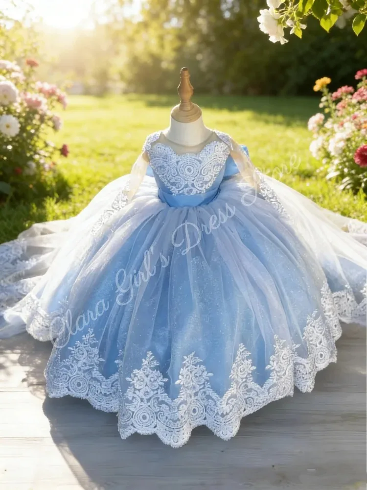 Customized Wedding Custom Sky Blue Tulle Puff Applique Lace Girls' Dress for Weddings Children's Birthday Parties And First