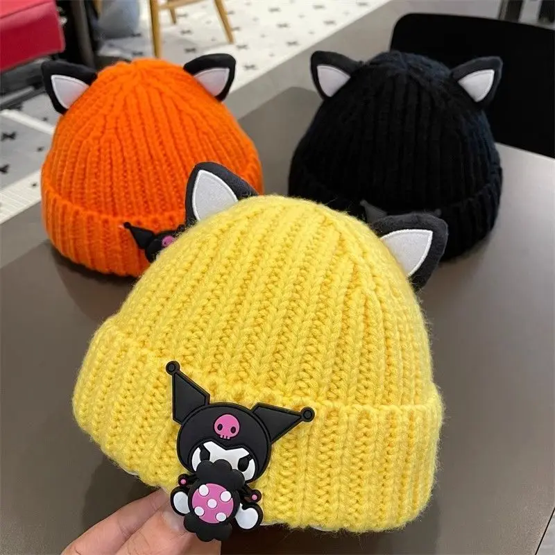 

Детская вязаная шапка Kuromi, теплая шерстяная шапка с героями мультфильмов для девочек, креативная толстая шапка на флисовой подкладке, детский рождественский подарок Miniso
