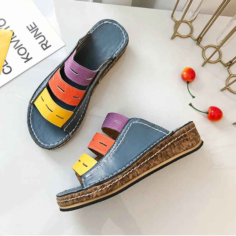 Women Slippers Ladies Hollow Out Mixed Colors Flip Flops Fashion Sewing Wedge Sandals Cork Shoes Platform Female Slides