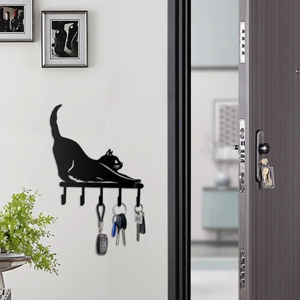 Cute Black Cat Key Holder For Wall, Coat Rack Wall Mount, Metal Home DecorsStorage Rack, Hook for Wall, Iron Art, Coat Hanger