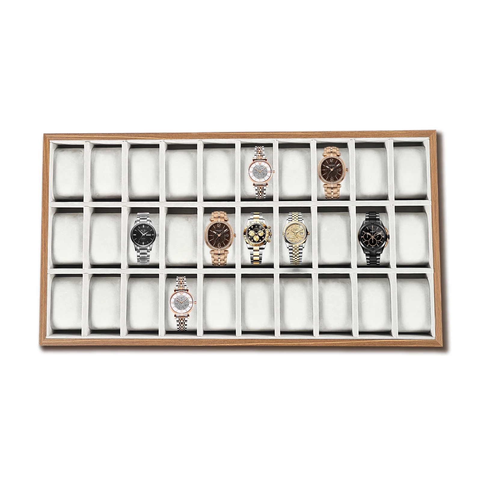 30 Grid Watch Jewelry Tray Organizer Wooden Box Organizer Display Tray Watch Bracelet Display Holder with Removable Pillow