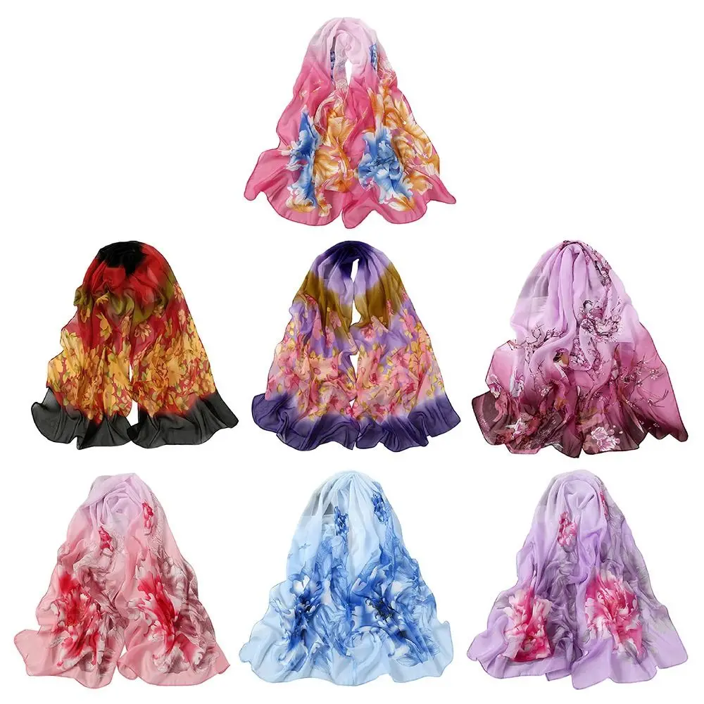Elegant 160*50cm Chiffon Scarf Sunscreen Gradient Shawl Silk Flower Print Washable Beach Gauze Scarf for Women
