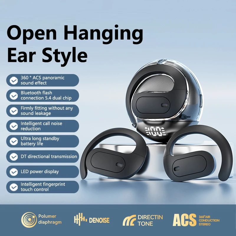 Беспроводные наушники с открытыми ушами для занятий спортом, верховой ездой, бегом, подвесная гарнитура, наушники со светодиодным дисплеем питания от аккумулятора