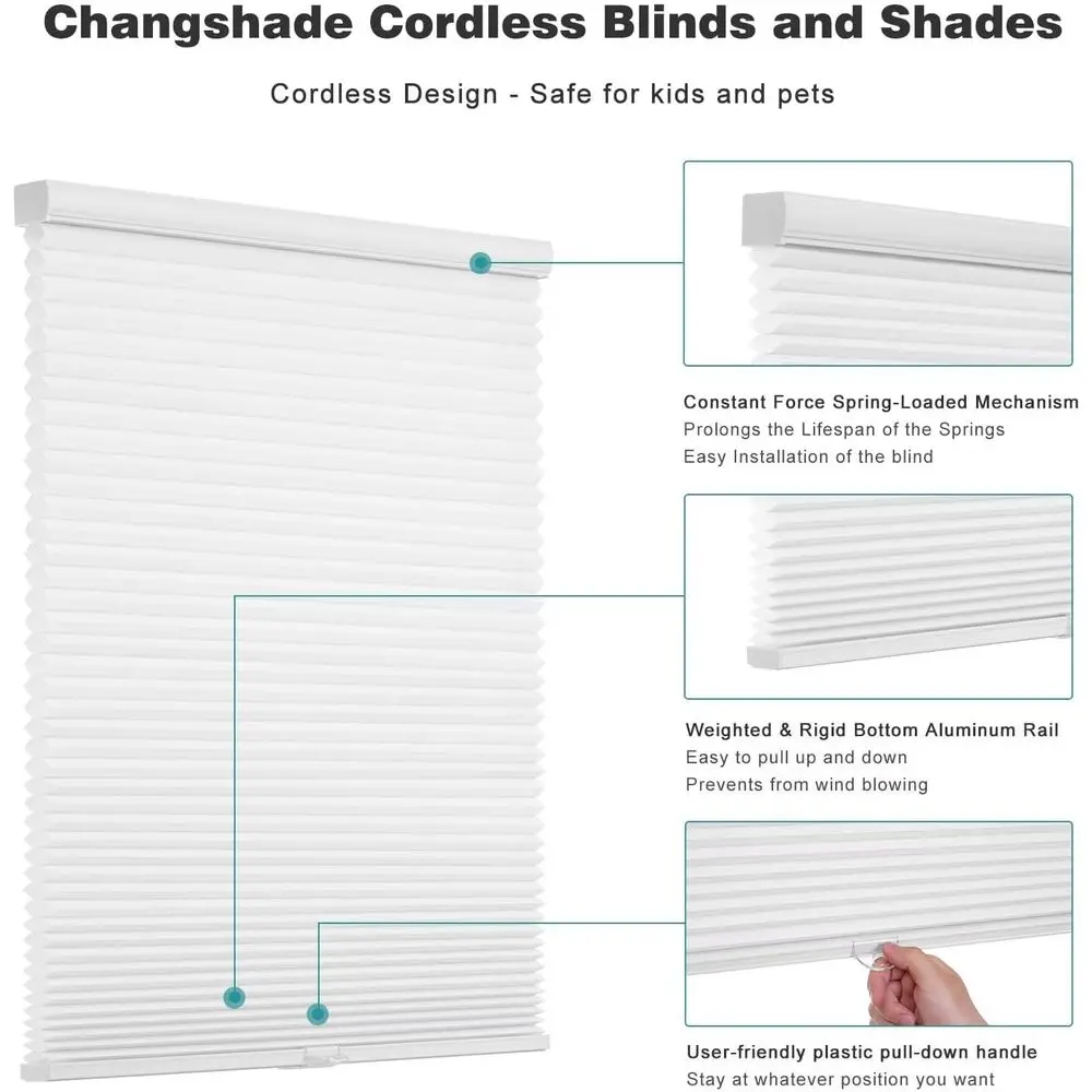 Wireless Honeycomb Cellular Shades, Light Filtering, Easy Install for Indoor Windows, 24x50, White
