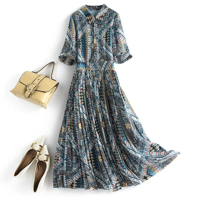 

New Summer Bohemian Style Plus Size Dress Women Elegant Lapel Pleated Skirt Printed Pleated Chiffon Dress 1462