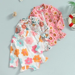 Lioraitiin Summer Kids Baby Girl Swimsuits Floral Long Sleeve Zipper Ruffles Jumpsuit Swimwear Beachwear Bathing Suits