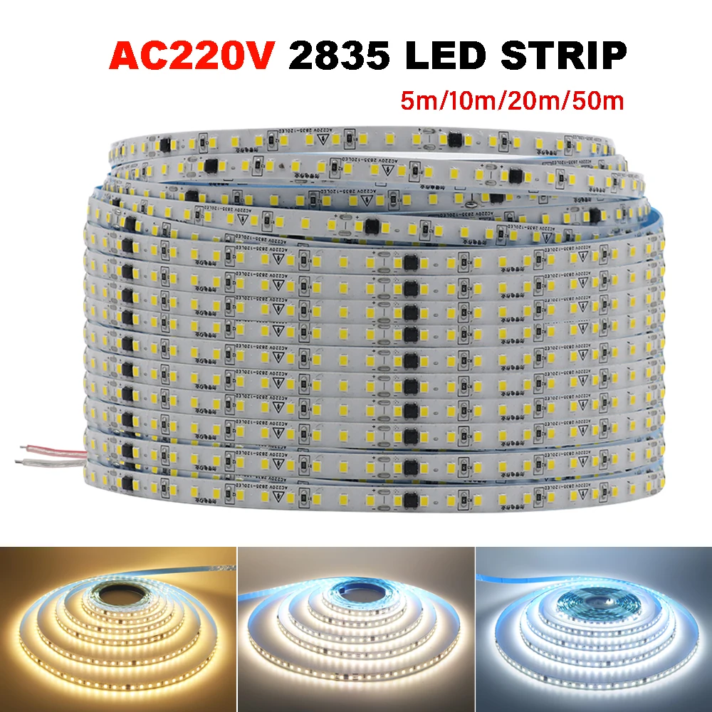 

5M 10M 20M 50M AC220V LED Strip Light 2835 120LEDs 8mm Width Flexible Home Lamp With Adhesive Tape Led Light Warm/Natural/White